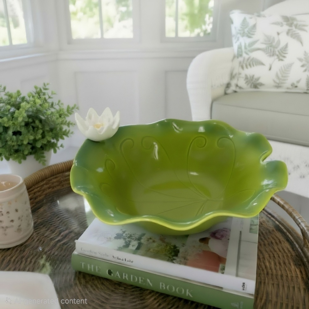 Grasslands Road Green Lotus Leaf Ceramic Bowl with White Water Lily Flower